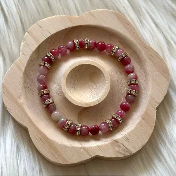 Handmade Watermelon Tourmaline Crystal Bracelet with Rhinestone Spacers - Picture 2 of 2